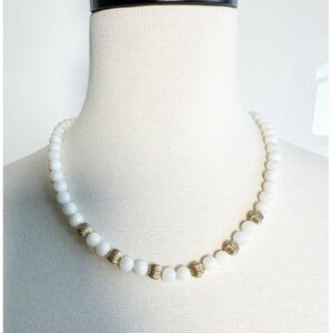 Vintage white beaded necklace with gold-toned ribbed rondelle accent beads
